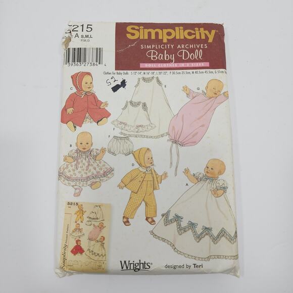 Simplicity Baby Doll 5215 Baby Doll Wardrobe Sm Med and LG Sewing Pattern Uncut - Picture 1 of 4